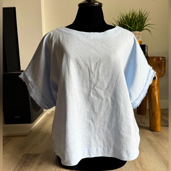 Anne Klein Santorini Baby Blue Linen Boat Neck Relaxed Boxy Short Sleeve Top MED - Picture 1 of 10